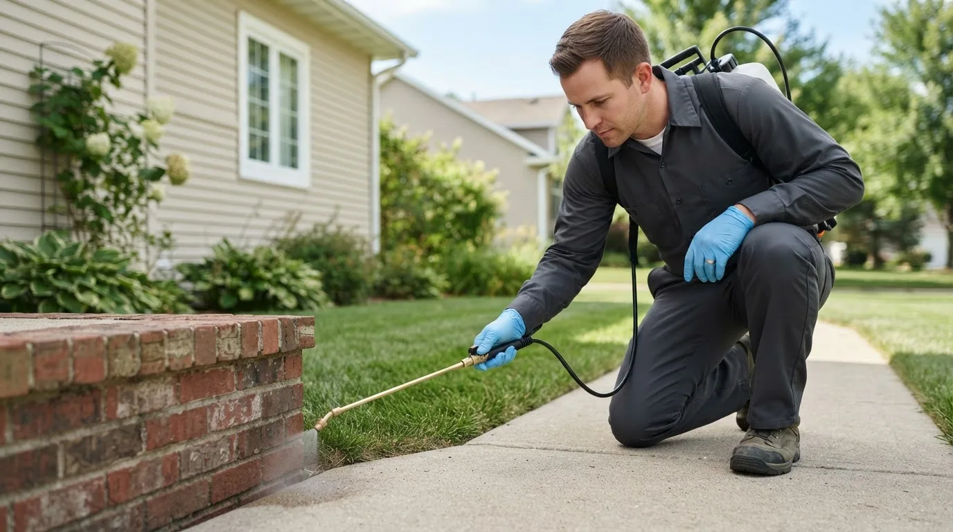 Pest control technician treating a home near Sandown, NH